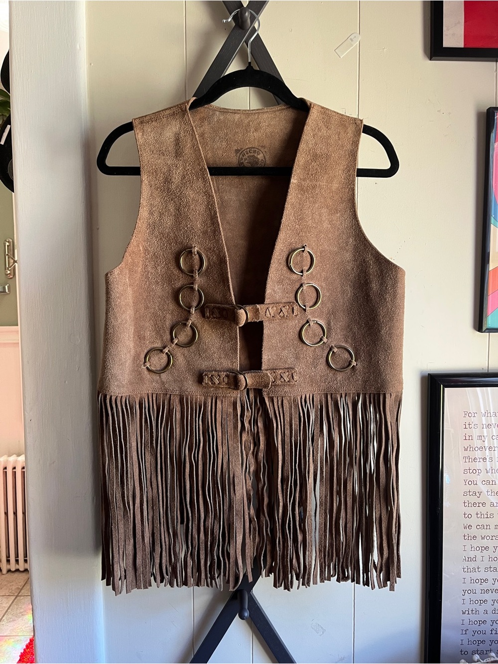 1970s Heavy Suede Vintage Brown Suede Fringe Vest with Ring Accents